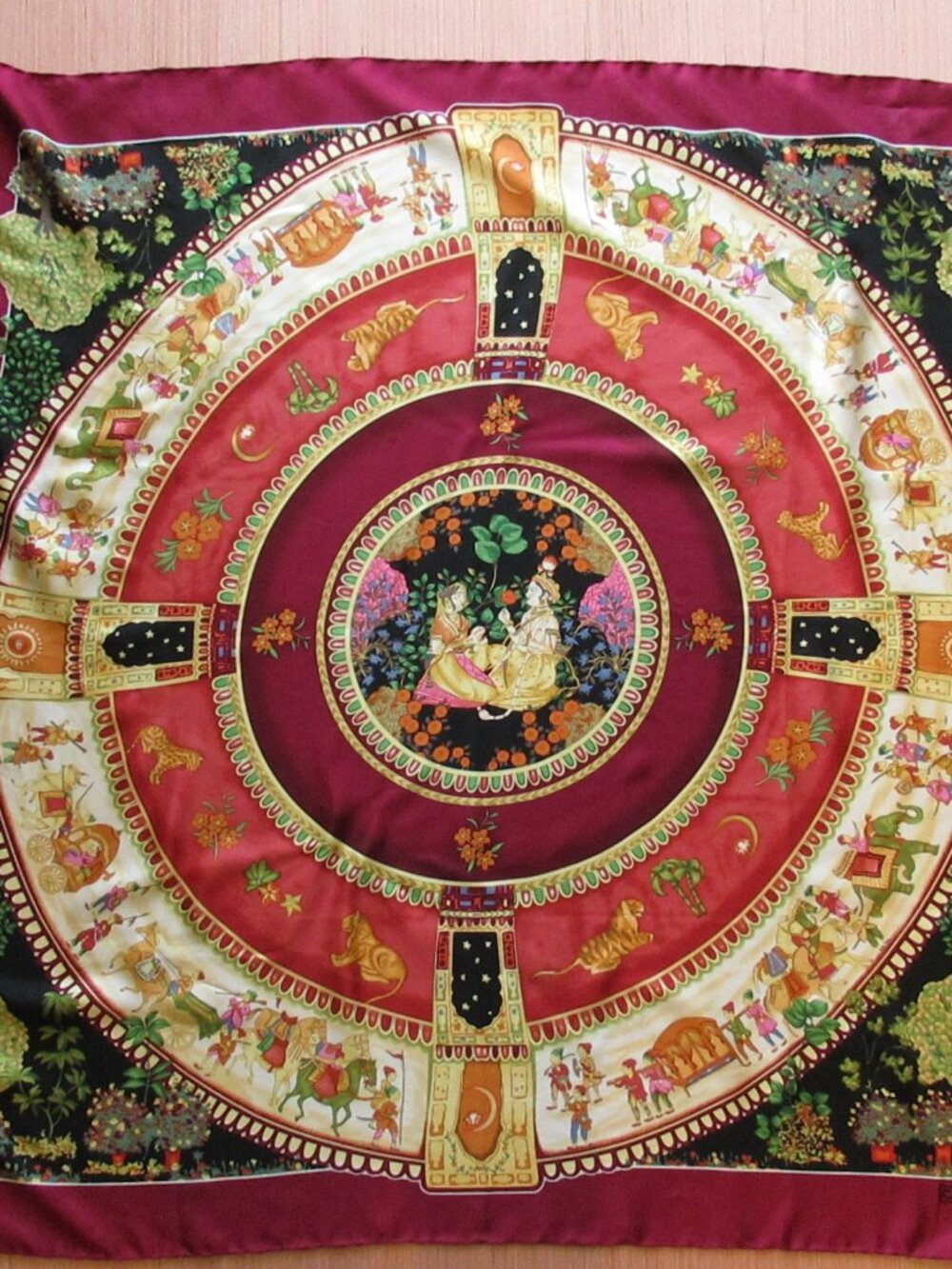 Carlisle Silk Mughal Procession Tiger Elephant Scarf 34" Square